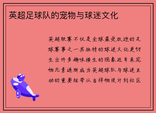英超足球队的宠物与球迷文化